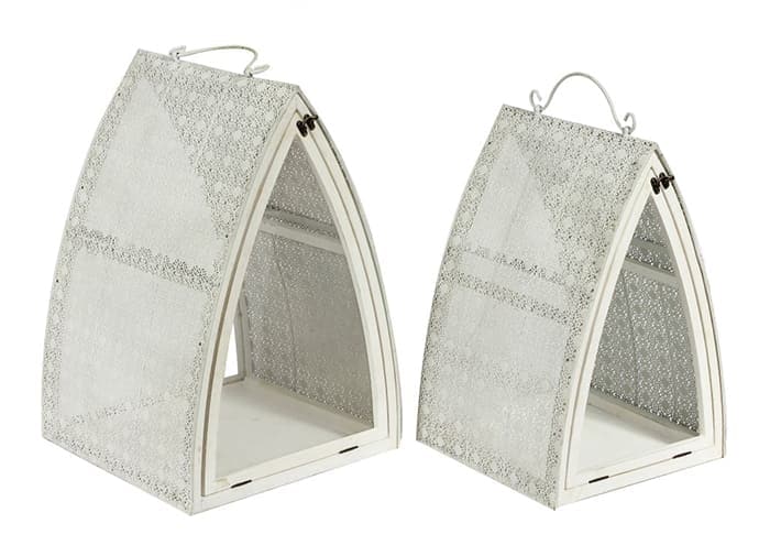 Immagine e commerce Serie 2 lanterne metallo traforato triangolari bianche alte 52-60 cm