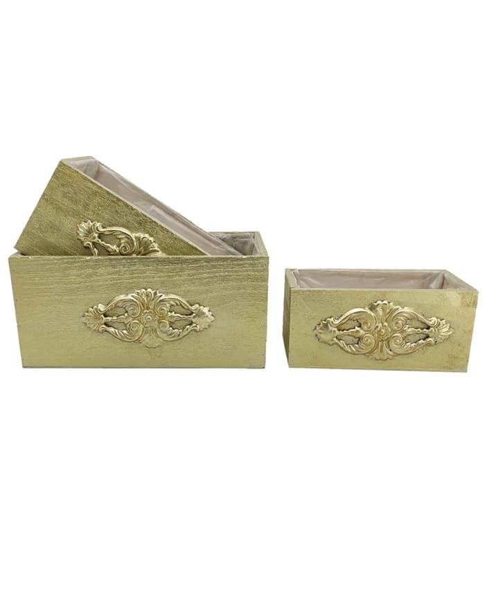 Immagine e commerce Serie 3 cassette di legno decorate colore verde metallizzato cm 21-25-30