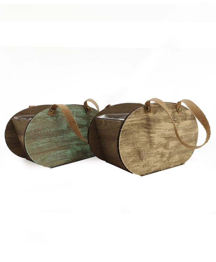 Immagine e commerce Cassetta legno vintage ovale colori verde marrone manici juta cm 24x13 h12