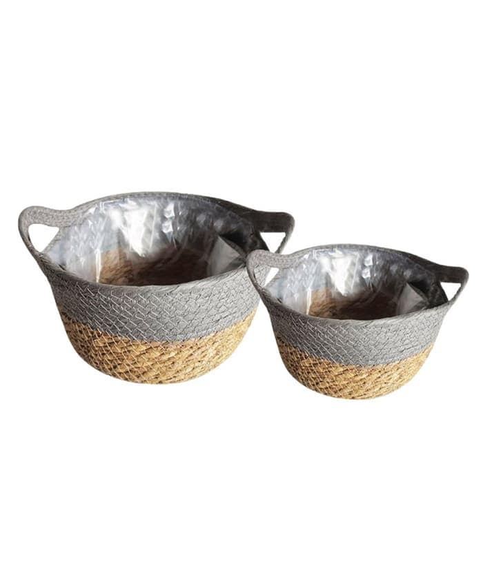 Immagine e commerce Serie 2 cesti a ciotola tessuto grigio fibre mais con manici diametro cm 22-25