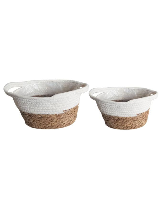 Immagine e commerce Serie 2 cesti a ciotola tessuto bianco fibre mais con manici diametro cm 22-25