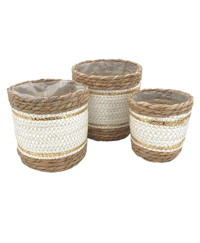 Immagine e commerce Serie 3 cesti in fibre vegetali rifiniture oro per piante vaso 11-13-15 cm