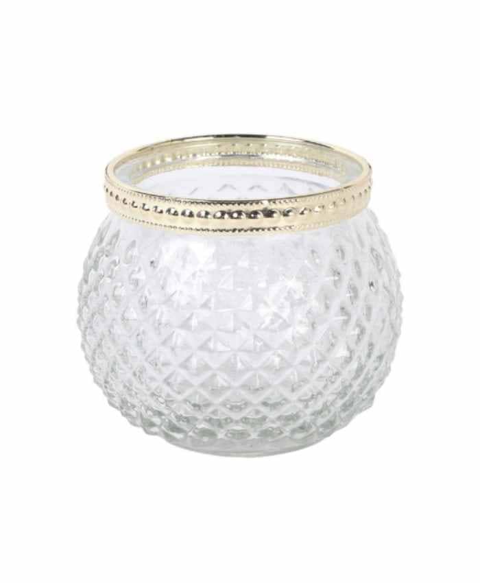 Immagine e commerce Portacandela sfera vetro trasparente lavorato bordo oro cm 8 h10