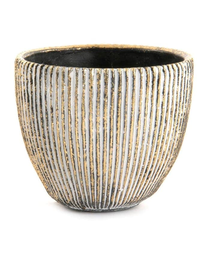 Immagine-e-commerce-Porta vaso cemento forma svasata decoro righe colore oro nero cm 16 h14