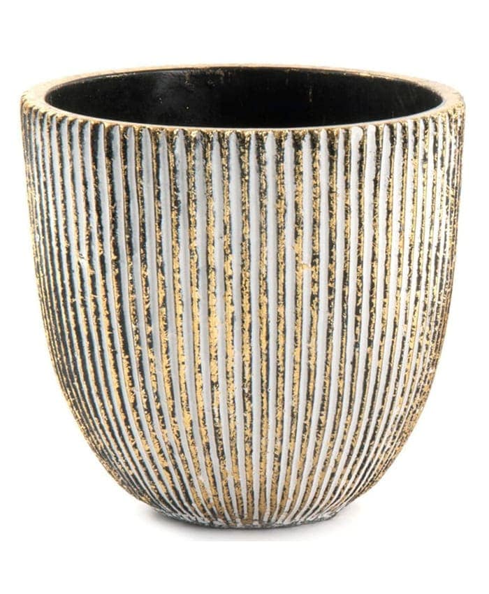Immagine-e-commerce-Porta vaso cemento forma svasata decoro righe colore oro nero cm 18 h17