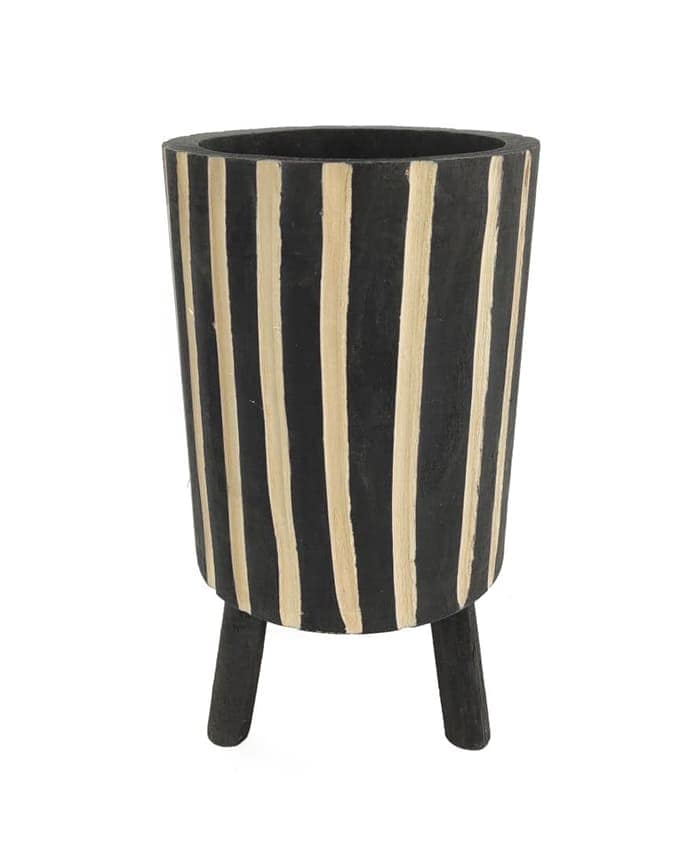 Immagine-e-commerce-Porta vasi in legno scuro forma svasata con righe bianche e piedini cm 20 h37