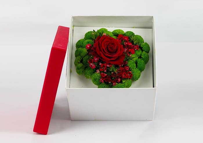immagine ecommerce Cubeflò surprise edition cm 20 - Flowerbox quadrata con sagoma cuore avorio+rosso