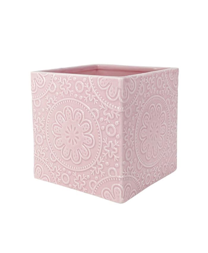 Immagine e commerce Vaso per orchidea ceramica intarsiata forma cubo colore rosa